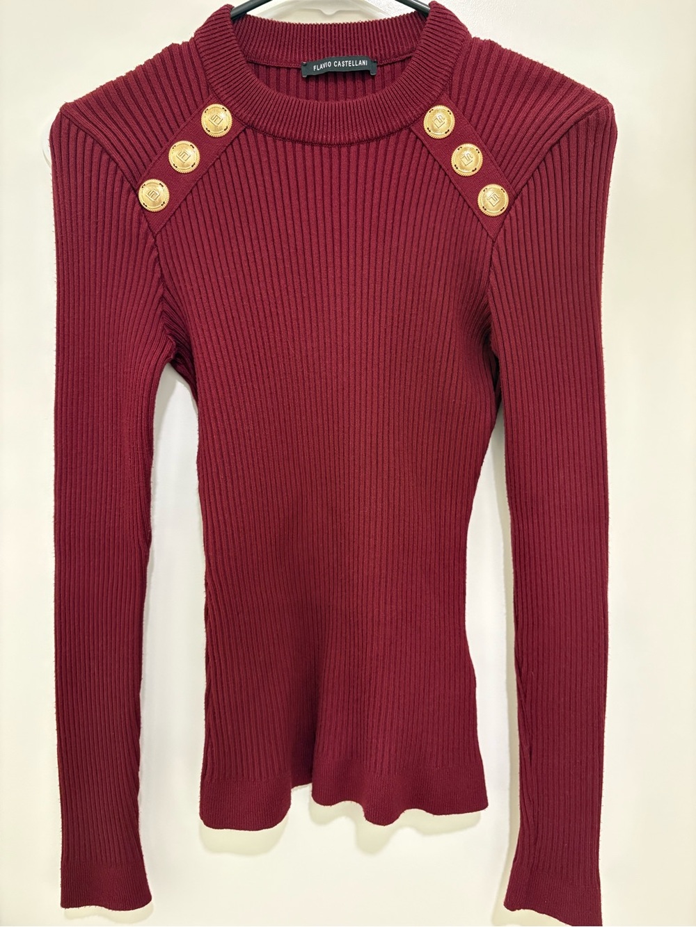 Flavio Castellani Burgundy Ribbed Gold Button Sweater Made in Italy